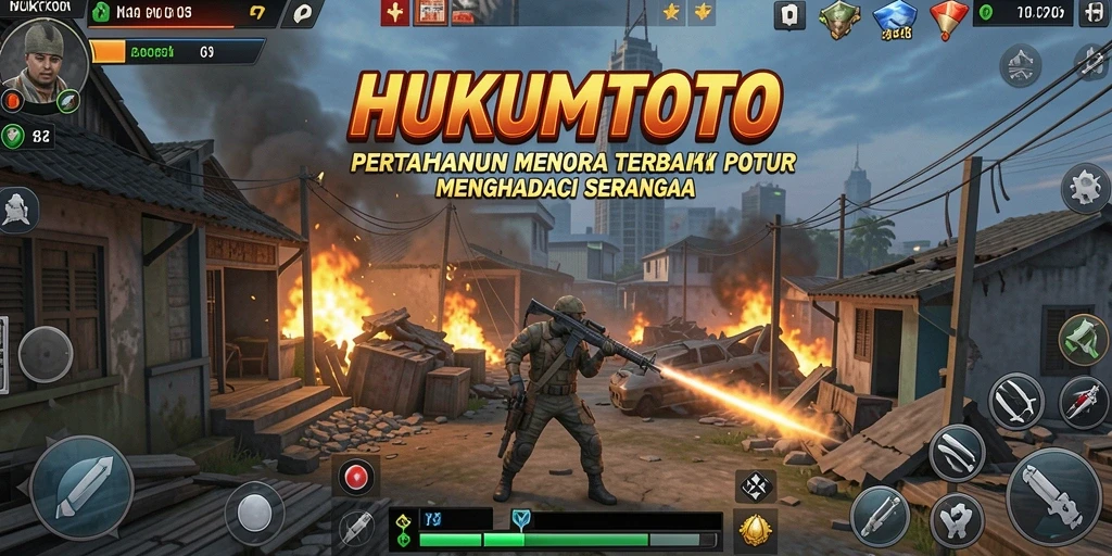 Tangkapan layar gameplay HUKUMTOTO dengan menara yang berjejer menghadapi serangan musuh.