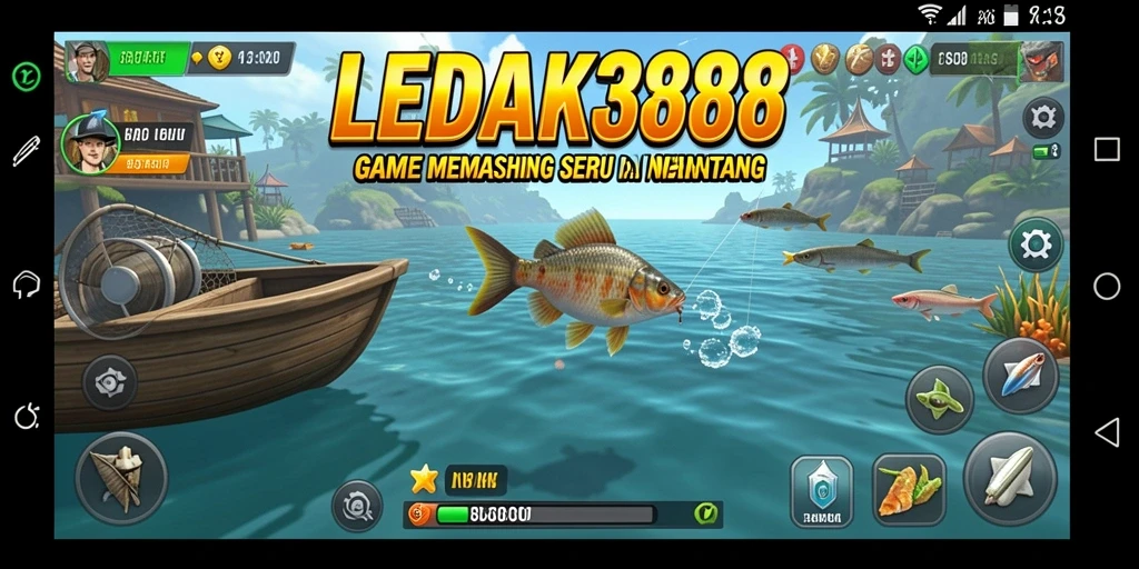 Screenshot gameplay LEDAK388 dengan ikan besar yang ditangkap.