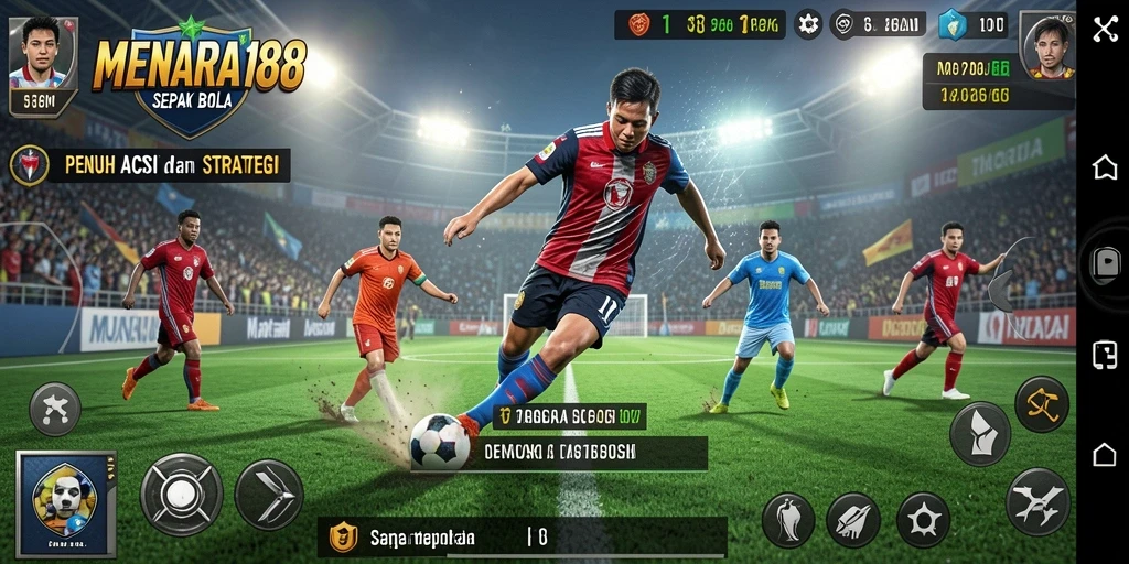 Screenshot dari gameplay MENARA188 yang menunjukkan aksi pertandingan sepak bola.