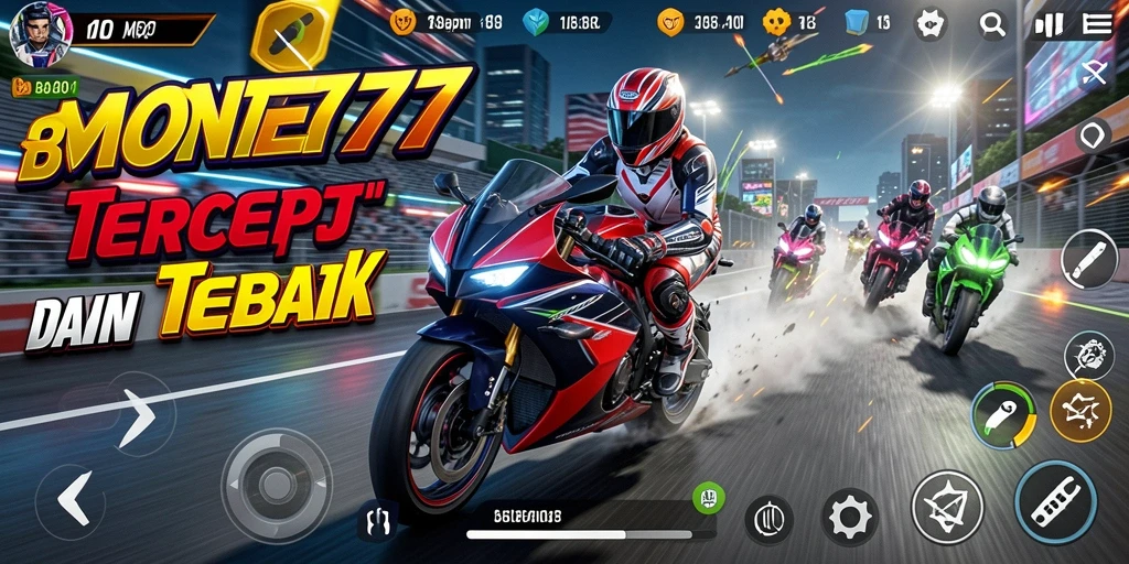 Screenshot gameplay MONTE77 menunjukkan aksi balapan motor yang intens.