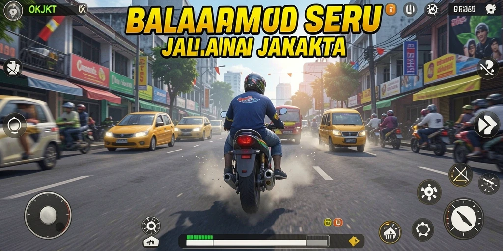 Tampilan gameplay seru di jalanan Jakarta dengan motor cepat.