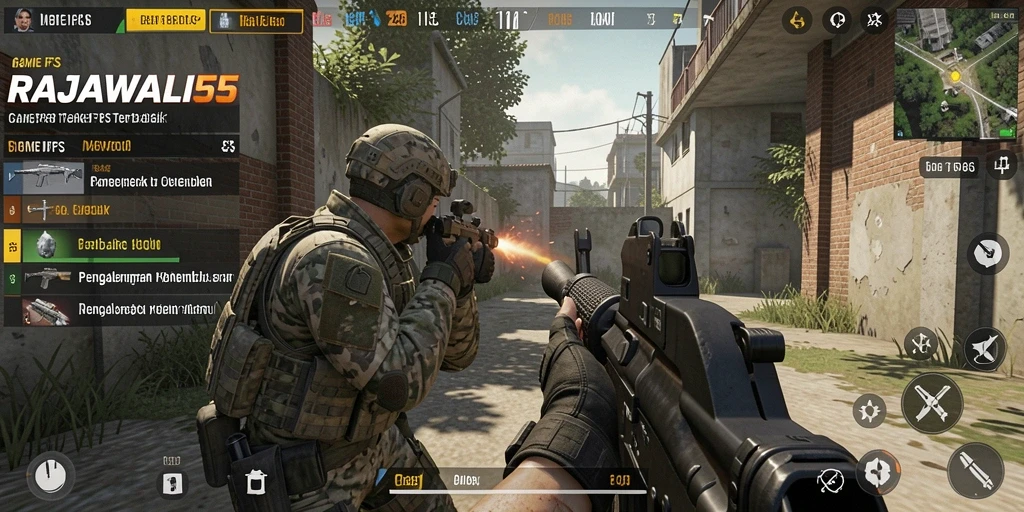 Screenshot gameplay RAJAWALI55 menampilkan aksi menembak yang seru dan intens.