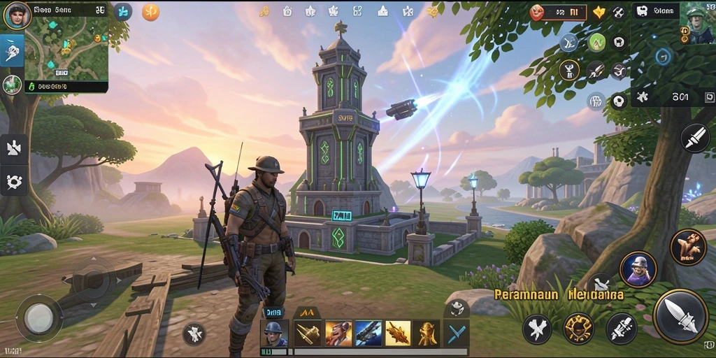 Screenshot gameplay SVIP5 menampilkan menara pertahanan yang siap menghadapi gelombang musuh.